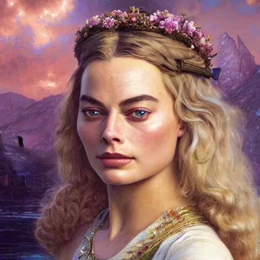 Image similar to a very detailed Magic portrait painting of Margot Robbie, a very detailed fantasy city background, a very detailed dramatic sky, light particles, environment drawn by Donato Giancola and Tom Bagshaw, Edmund Leighton, character design by Alphonse Mucha, 4k, volumetric lighting, komorebi, award winning, octane render, hyperrealistic