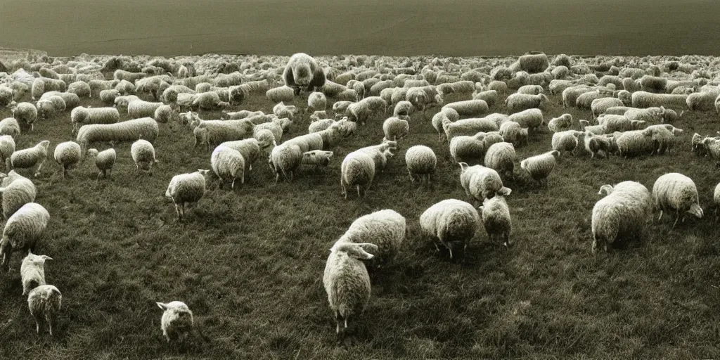 Image similar to a disembodied ear floats above a field of sheep in england, hipgnosis artwork