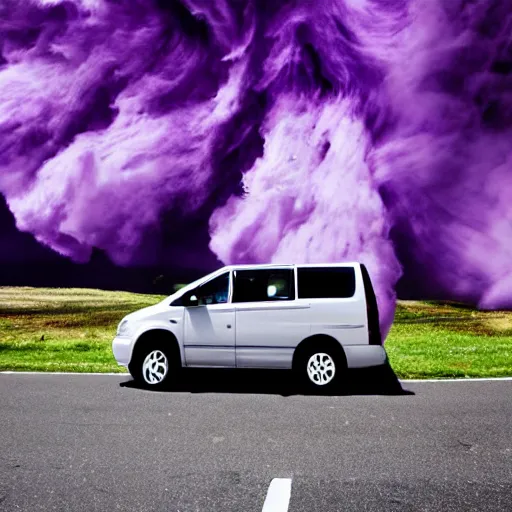 Prompt: giant purple explosion blowing white minivan into the distance