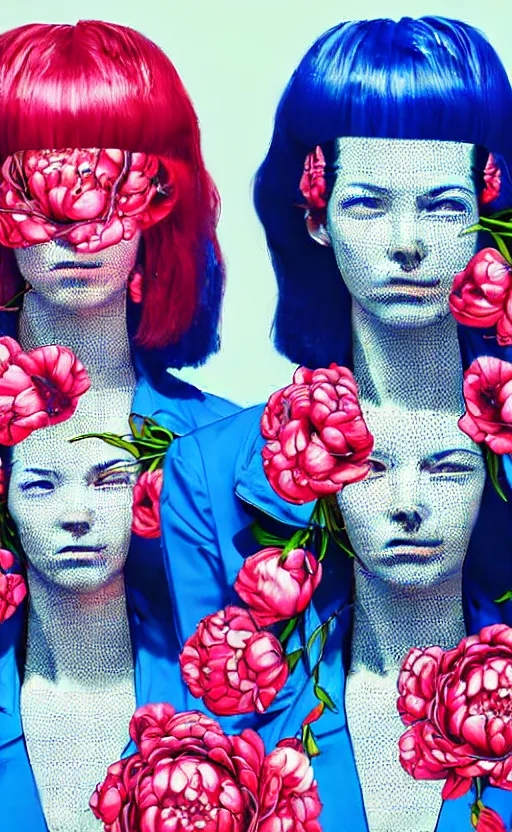 Prompt: close - up portrait of a cyberpunk model girls twins wrapped in wires and peonies, clear blue sky in vintage style, incredible appearance, face in the center, no framing, androgynous appearance, eyes of different colors, scifi tattoos, in the style of yayoi kusama