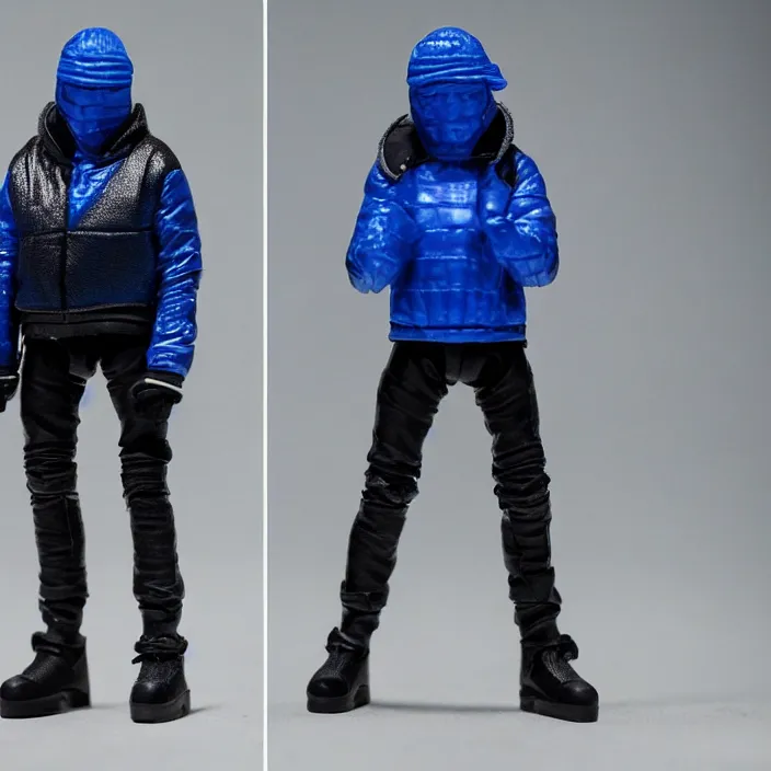 Image similar to a action figure of kanye west using a full face covering black mask, a small, tight, undersized reflective bright blue round puffer jacket made of nylon, dark jeans pants and big black balenciaga rubber boots, figurine, detailed product photo