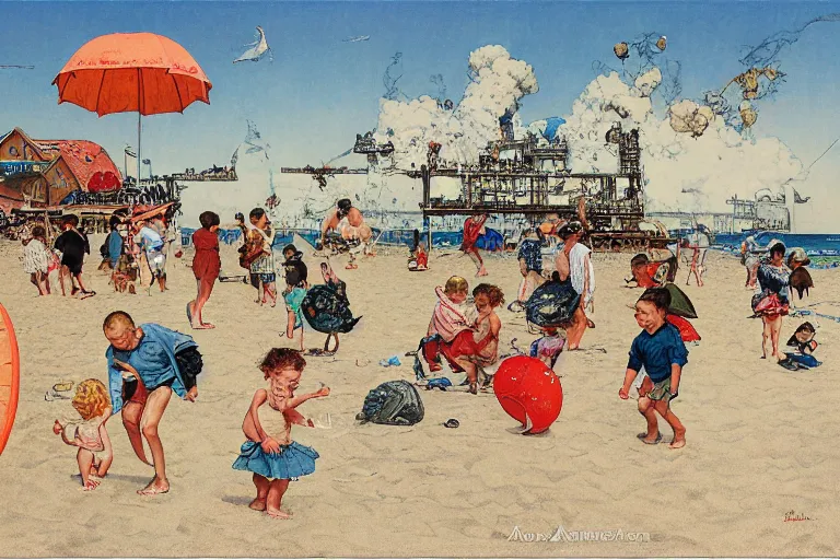 Image similar to kids playing at the beach, huge atomlc explosion in the background, wide angle lens, detailed, by norman rockwell, by mattias adolfsson, by moebius, oil on canvas,