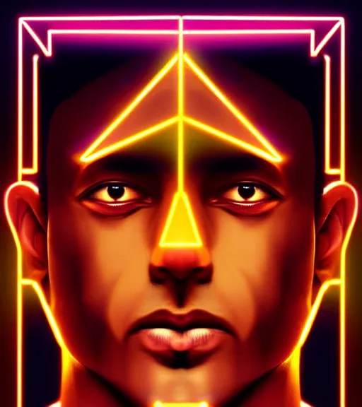 Image similar to symmetry!! indian prince of technology, solid cube of light, hard edges, product render retro - futuristic poster scifi, lasers and neon circuits, brown skin handsome indian prince, intricate, elegant, highly detailed, digital painting, artstation, concept art, smooth, sharp focus, illustration, dreamlike, art by artgerm