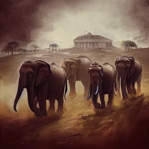 Image similar to “a roman legion facing african war elephants, concept art, atmospheric”