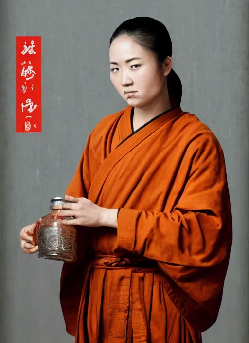 Image similar to full portrait of a female monk drinking a jar of baijiu by wlop, wuxia, xianxia, drunken boxing, drunken fist, drunken master, weathered olive skin, athletic, playful, fully clothed, monk's robe, baijiu, clay jar, detailed, realistic, anatomically accurate, fantasy illustration, artstation, wlop.