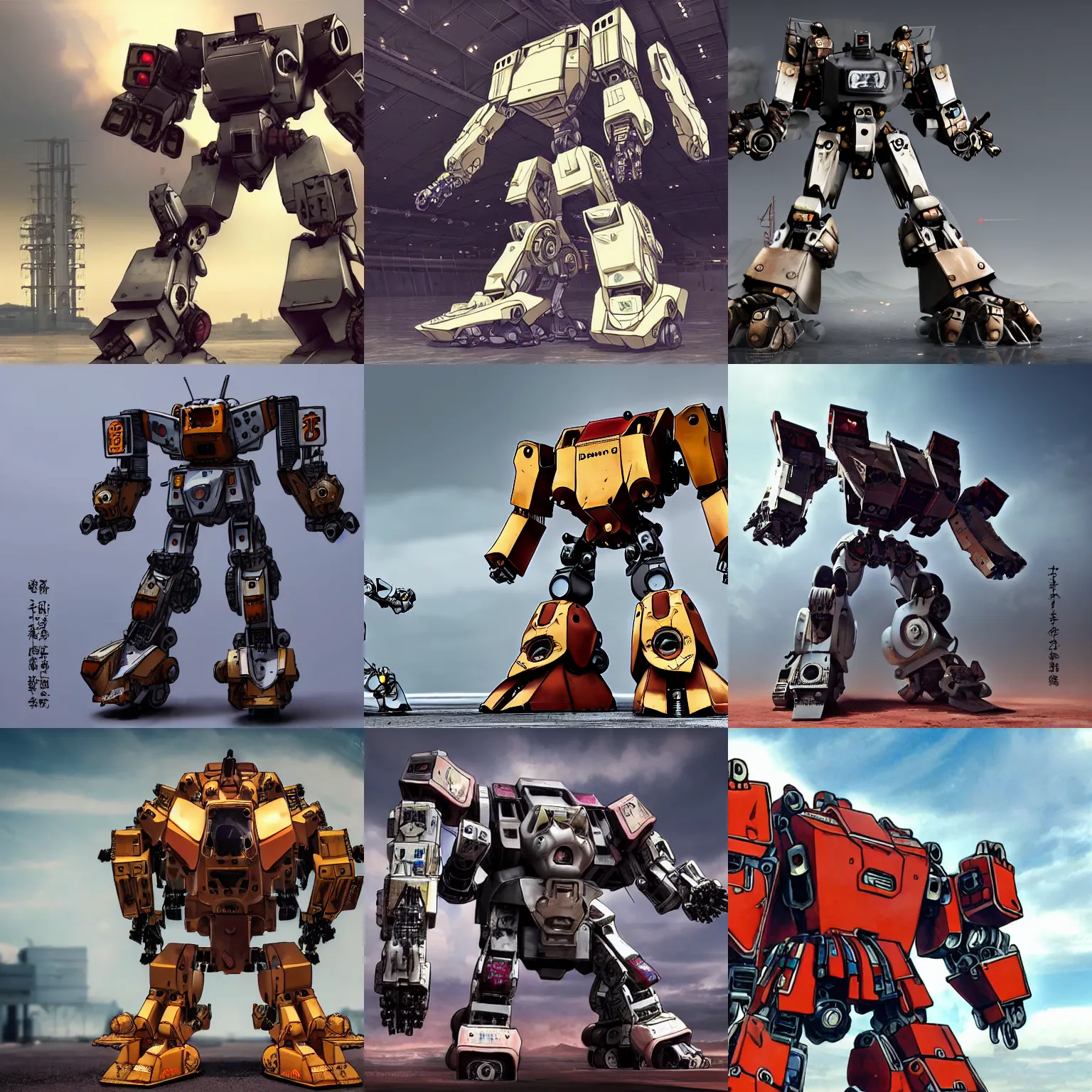 Prompt: dogecoin as a japanese fighting mech, large imposing robotic mech, huge, overbearing, extreme detail, industrial, tarnished, volumetric lighting, spot lights, smoke effects, post processing, after effects, video effects, cinematic