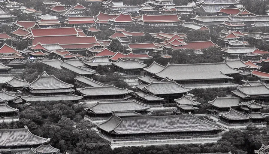 Image similar to top view of the forbidden city, the black and white palace buildings in the wei, jin and northern and southern dynasties in ancient china, the hard and strong buildings, the neat and dense buildings, the cool colors, the bird's - eye view, the panorama, left right symmetry, cg original.