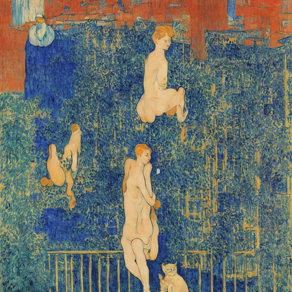 Prompt: woman and cat with city with tall trees and gothic cathedral seen from a window frame with curtains. dark indigo blue, turquoise, gold, earth brown. night with star. bonnard, henri de toulouse - lautrec, utamaro, matisse, monet