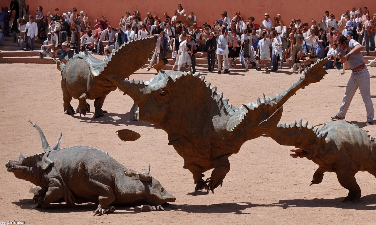 Image similar to a troubadour facing off against a horned dinosaur in the plaza de toros, madrid. long shot, midday sun, kodachrome