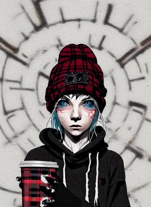 Prompt: highly detailed closeup portrait of a sewer punk lady student, beanie, tartan hoodie, frosty white hair by atey ghailan, by greg rutkowski, by greg tocchini, by james gilleard, by joe fenton, by kaethe butcher, gradient, blue, black, brown and cream color scheme, grunge aesthetic!!! white graffiti tag wall background