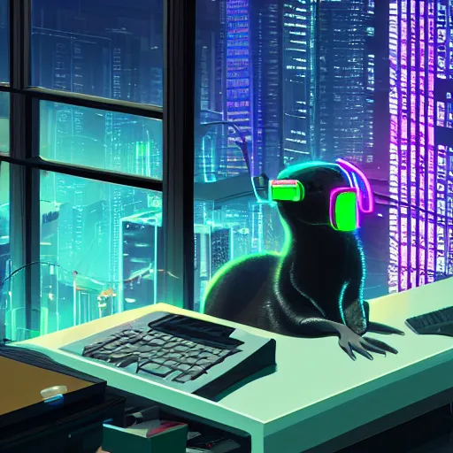 Image similar to a cyberpunk room, big windows overlooking a futuristic and neon city, in the middle of the room an otter typing on a computer terminal wearing big headphones, hyper realistic