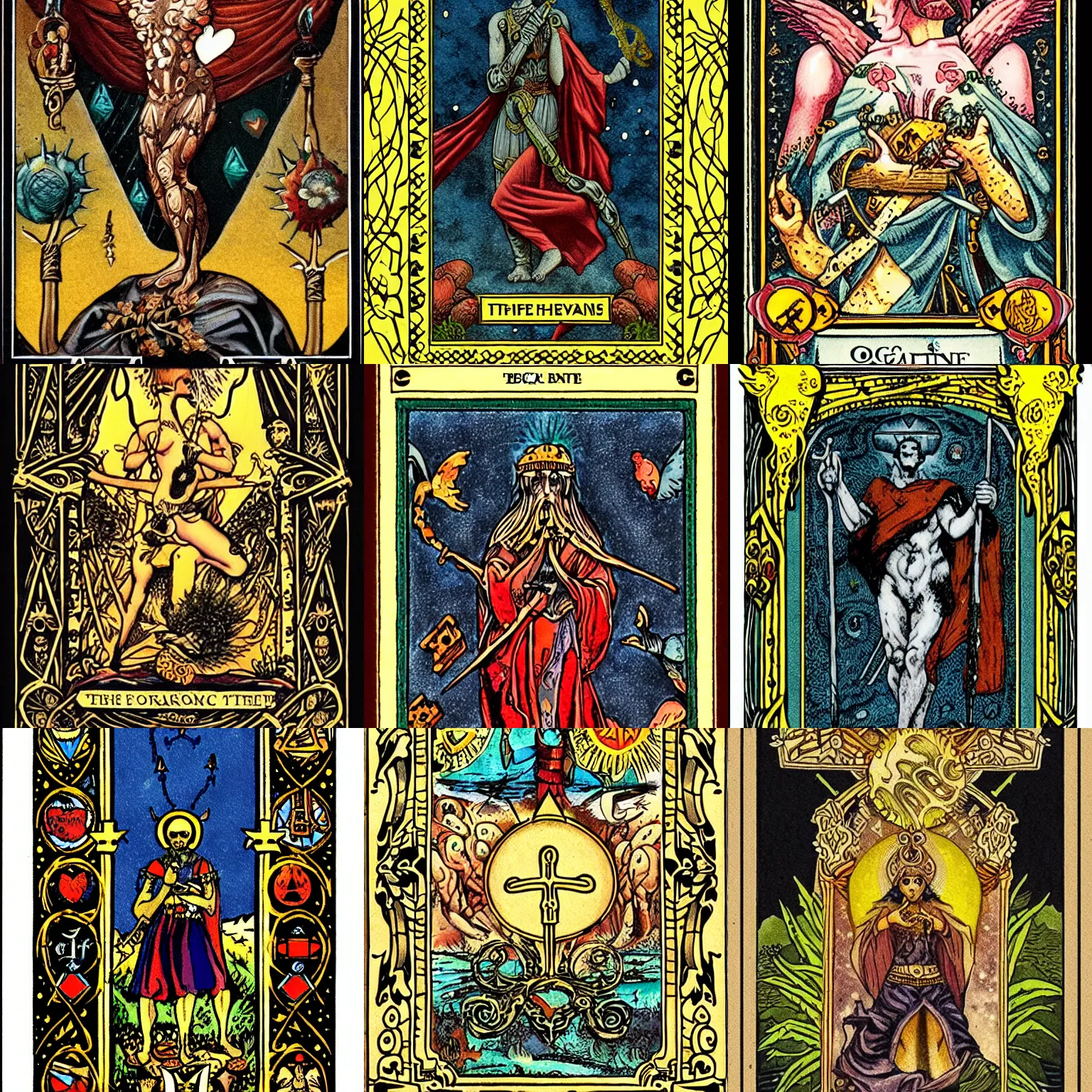Prompt: Tarot card with ornate border frame containing an organic matter key, epic composition, detailed, epic atmosphere, as a tarot card, epic atmosphere, heart, brain, lungs, veins, muscles, skin, sanguine fluid W 1024