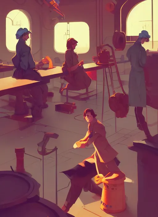 Prompt: depressed workers at an assembly line, in the style of artgerm, gerald brom, atey ghailan and mike mignola, vibrant colors and hard shadows and strong rim light, plain background, comic cover art, trending on artstation