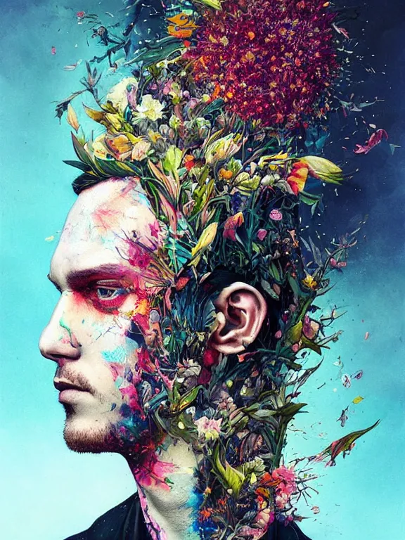 Prompt: art portrait of man with flower exploding out of head,by tristan eaton,Stanley Artgermm,Tom Bagshaw,Greg Rutkowski,Carne Griffiths,trending on DeviantArt,face enhance,chillwave,minimalist,cybernetic, android, blade runner,full of colour,