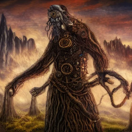 Image similar to steampunk ent man from lord of the rings, fantasy, high detail, realistic, pastel, complex psychadelic patterns, dark, magical natural mountainous background with setting sun, smoke in sky