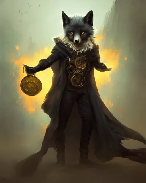 Prompt: oil painting of Anthropomorphized dark Fox thief, holding bag of gold coins, wearing dark cloak, mischievous look, full body, sharp focus, fantasy style, octane render, volumetric lighting, 8k high definition, by greg rutkowski, highly detailed, trending on art Station, magic the gathering artwork, dark city backround