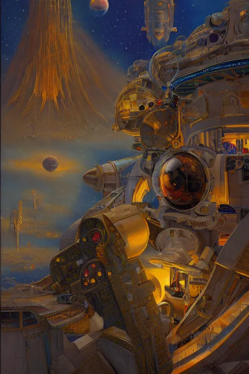 Prompt: space privateer of the reach, painted by james c. christensen and robert mccall, trending on artstation, soft illumination microscopic view abstract illusionism, in the silver hour, bokeh, avant - garde