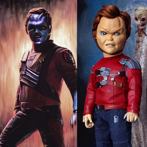 Image similar to the actor chris pratt as star lord posing with the doll chucky from the movie child's play, inside a starship, oil painting, by greg rutkowski