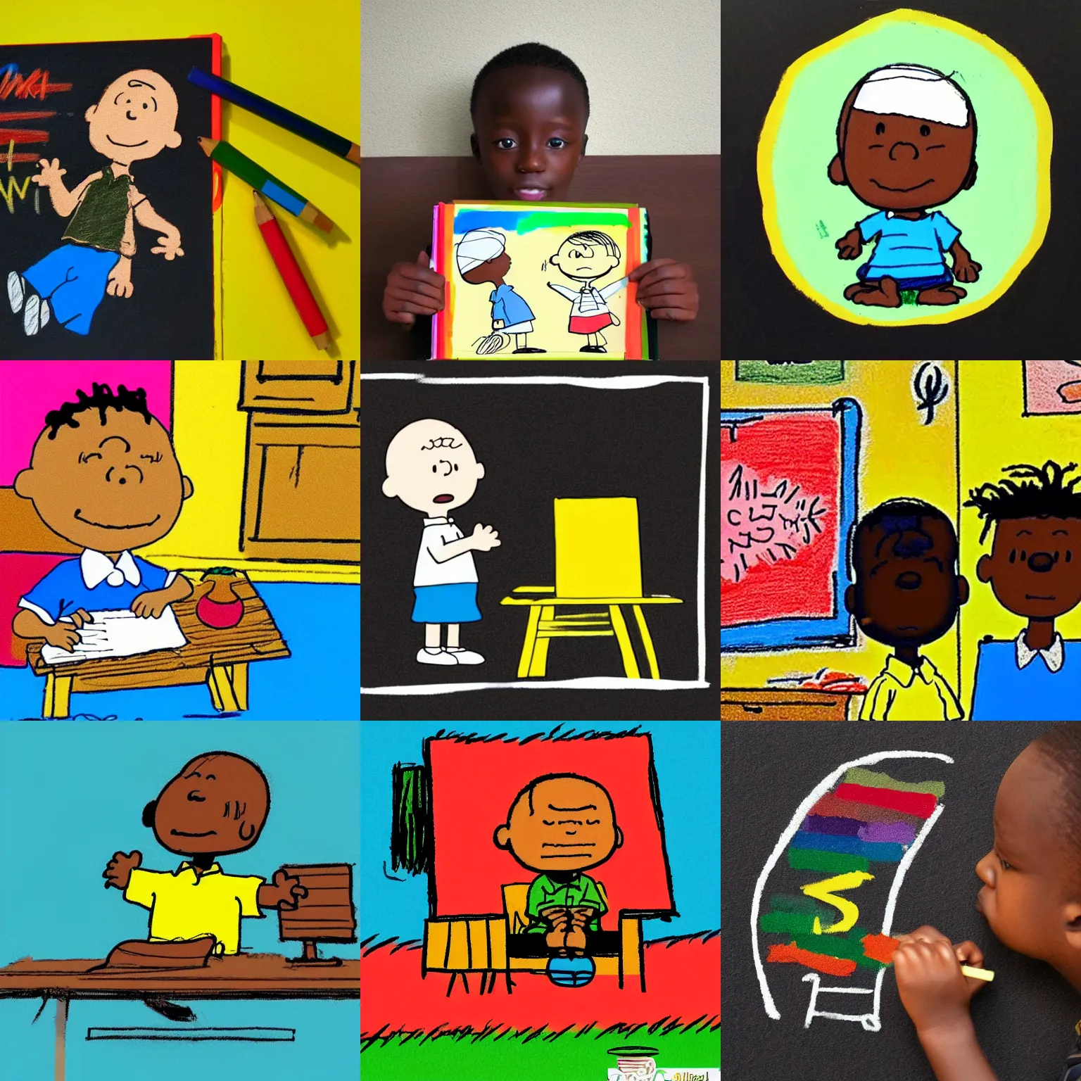 Prompt: a cute simple kid's crayon illustration of a young senegalese 👦🏿 entrepreneur working at his home computer in his office, artstation, in the style of peanuts and charlie brown, by rossdraws and artgerm and studio ghibli and basquiat, masterpiece, no type, no words, no letters, hd, award winning, solid color background