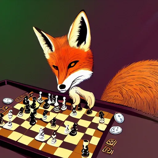 Image similar to A fox playing chess, facing the viewer, trending on FurAffinity, energetic, dynamic, digital art, highly detailed, FurAffinity, high quality, digital fantasy art, FurAffinity, favorite, character art