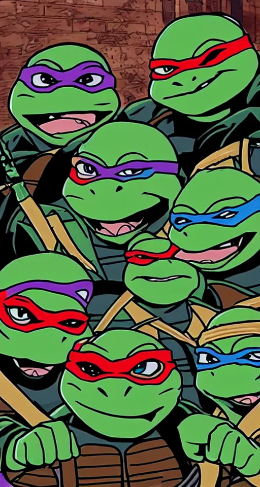 Image similar to the ninja turtles are smoking crack together in a dark alleyway