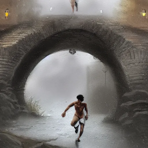 Prompt: italian tall young man with short curly hair and beard, running under a bridge of stone while it rains heavily, romantic view, extremely detailed, digital painting, trending on deviantart