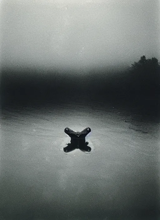 Image similar to “semitranslucent smiling frog amphibian vertically hovering over misty lake waters in Jesus Christ pose, low angle, long cinematic shot by Andrei Tarkovsky, paranormal, eerie, mystical”