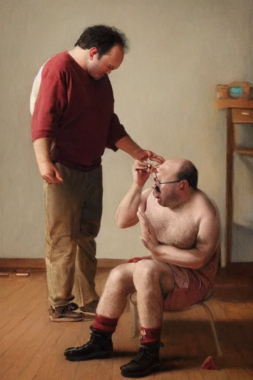 Prompt: jason alexander stubbing his toe, oil on canvas, intricate, portrait, 8 k highly professionally detailed, hdr, cgsociety