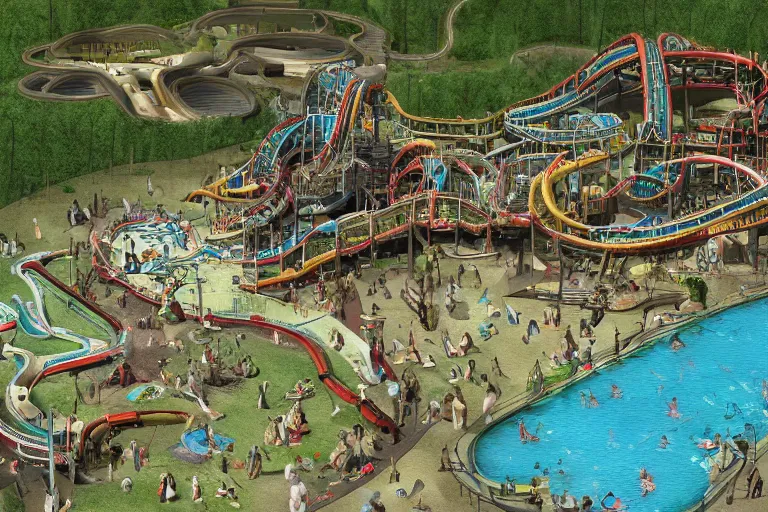 Image similar to 3d render of a Waterpark designed by hieronymus bosch, horror theme, scary, gory, supernatural