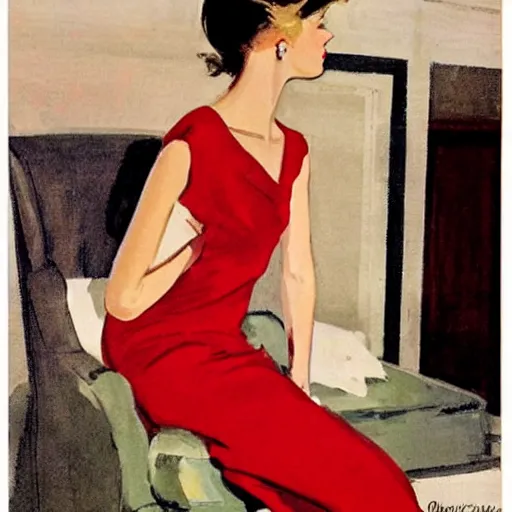 Image similar to a saturday evening post illustration of a french fashion model posing in a red dress by coby whitmore