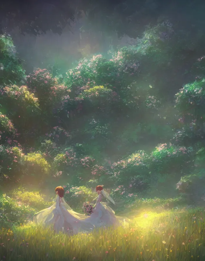 Prompt: beautiful wedding flower bouquet, environment concept art, daytime ethereal anime, high detail Impressionist style, dreamy light color palette, style of studio ghibli and moebius, concept art stunning atmosphere, trending on artstation, volumetric light