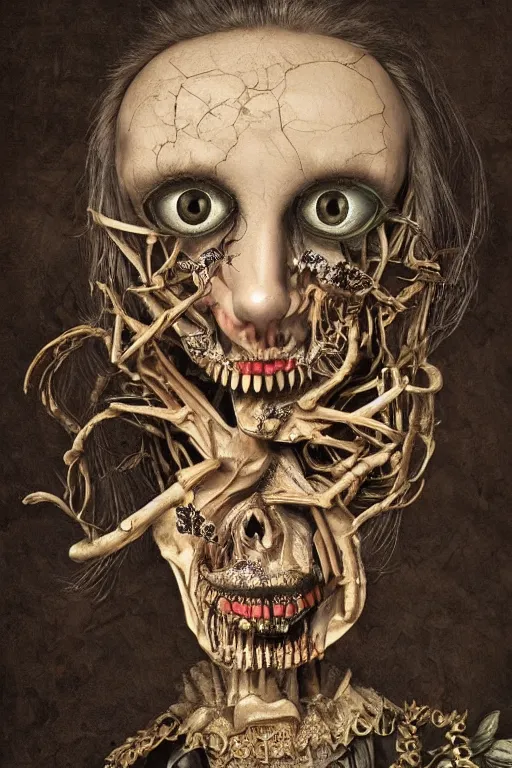 Image similar to Detailed maximalist portrait with large lips and with large eyes, sad expression, skeletal, HD mixed media, 3D collage, highly detailed and intricate surreal illustration in the style of Caravaggio, dark art, baroque