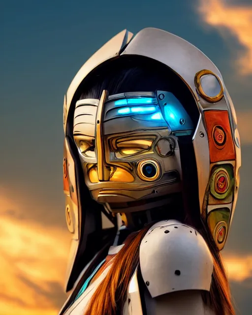 Prompt: centered medium shot fine studio photograph of a beautiful girl wearing only a mecha electronic native American indian helmet with bright lights, ultra-realistic, white background, 8k HDR sunset lit, intricate