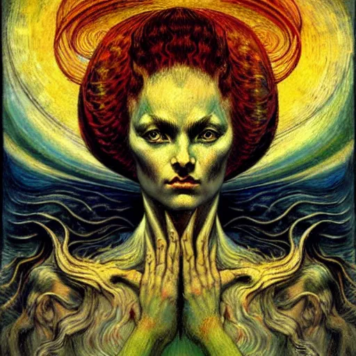 Prompt: Divine Chaos Engine by Karol Bak, Jean Delville, and Vincent Van Gogh, feminine, in the style of William Blake and Van Gogh