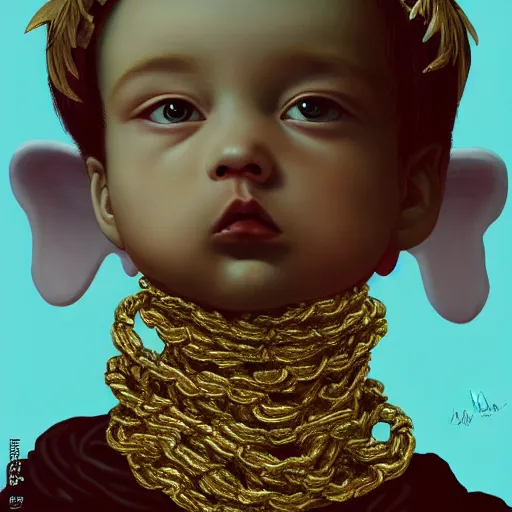 Image similar to Lofi vaporwave portrait baby cherub angel, ski mask, balaclava, face covered, Gucci, Nike, Chanel, multiple gold chains, Pixar style, Tristan Eaton, Stanley Artgerm, Tom Bagshaw