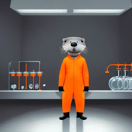 Prompt: an anthropomorphic otter wearing an orange jumpsuit facing a dark mist in a laboratory,dramatic,digital art,detailed