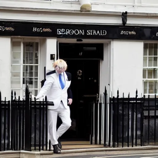 Prompt: Boris Johnson in pub brawl, white suit, blood, broken furniture, smashed glass