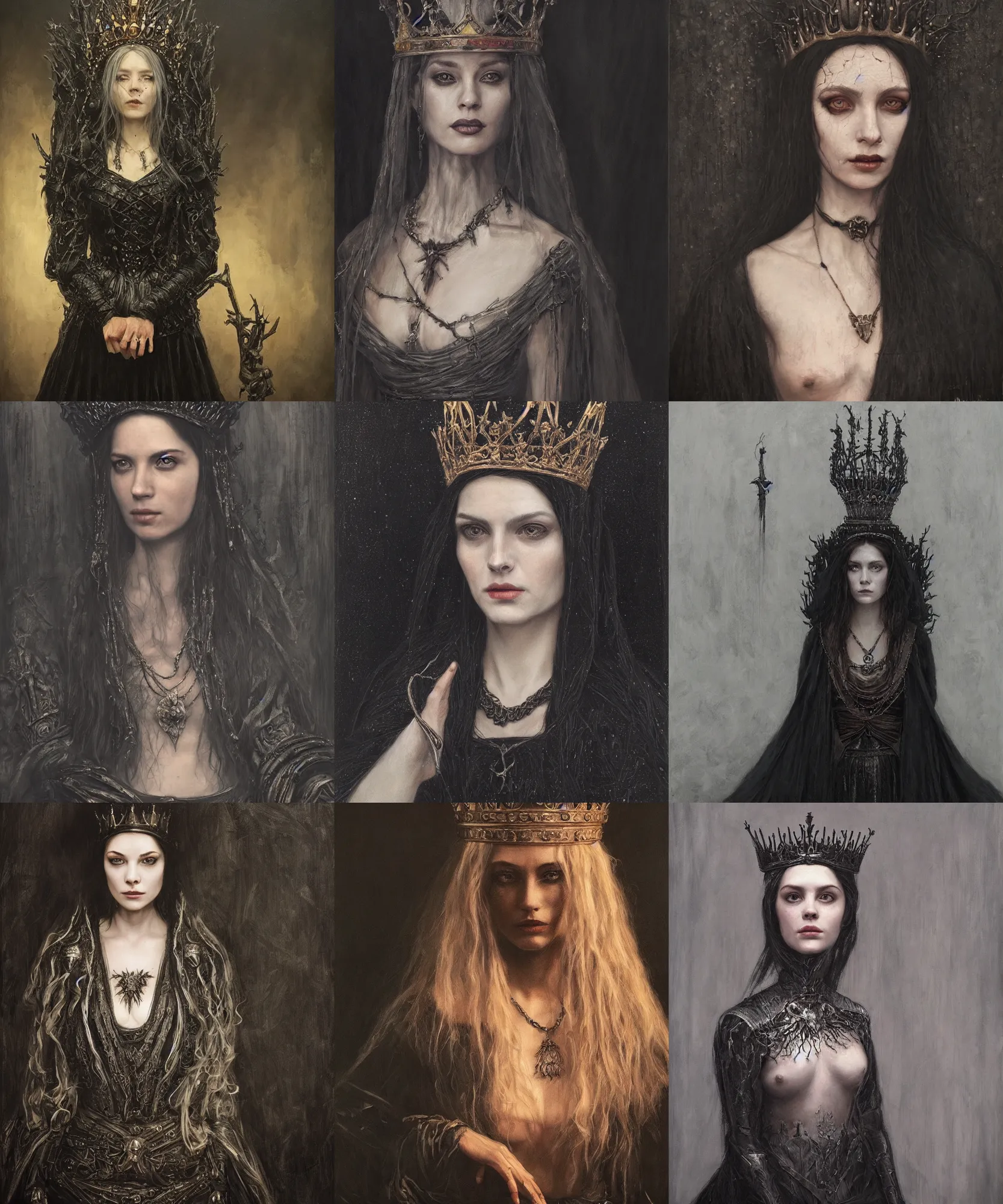 Prompt: The portrait of Lady in black wax crown by Miles Johnston, dark fantasy, witcher, very detailed oil painting, masterpiece, 8k