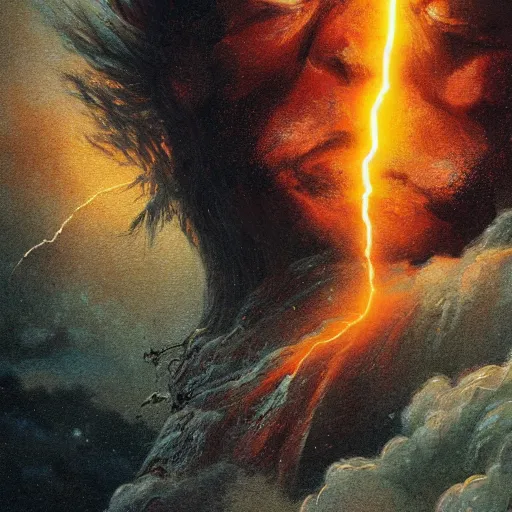 Image similar to UHD Closeup of constipated Samurai in a cosmic lightning storm on top of a mountain, painted in the style of Greg Rutkowski, Ferdinand Knab, and Todd McFarlane