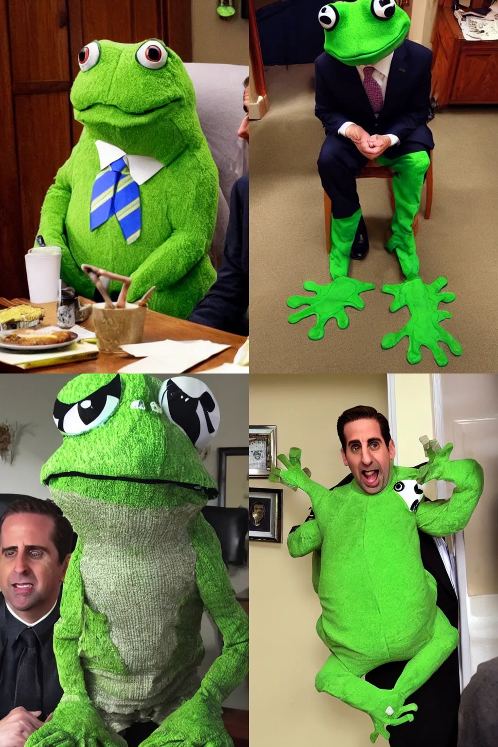 Prompt: photo of michael scott in a frog costume