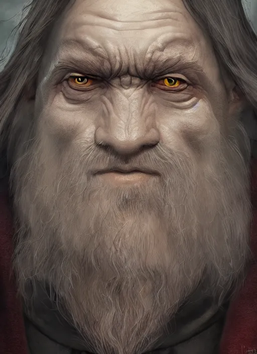 Image similar to a highly detailed airbrush painting of a evil mage hobbit with a big nose, trending on artstation, unreal 5, daz, hyperrealistic, octane render, dungeons and dragons, dynamic lighting