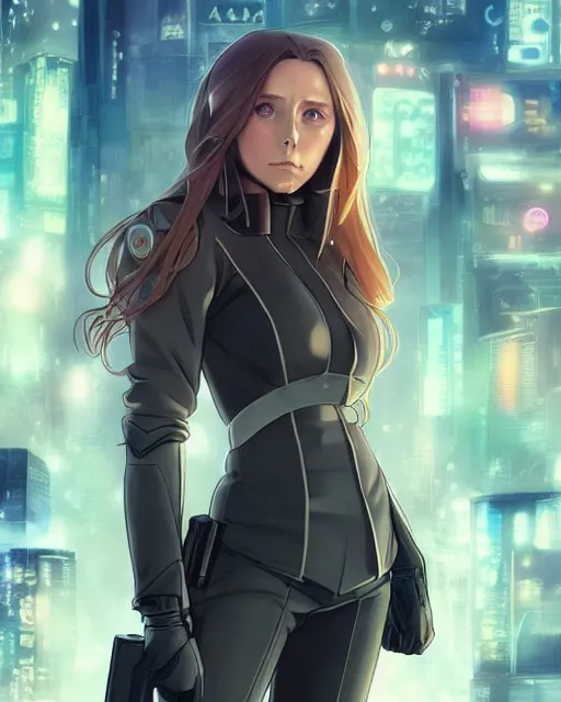 Prompt: anime key visual of elizabeth olsen police officer, cyberpunk, futuristic, long hair, perfect eyes, stunning features, perfect face, high details, digital painting, artstation, smooth face, soft focus, illustration, art by artgerm and greg rutkowski and alphonse mucha