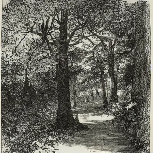 Prompt: a path in the woods, trees, rocks, mysterious, engraving, old book, etching