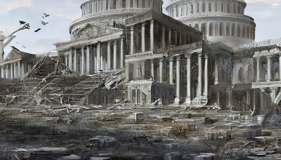 Image similar to washingon dc's capitol under reconstruction, scaffolding, people working on it, sunny day, debris, vegetation, hyperdetailed, artstation, cgsociety, 8 k