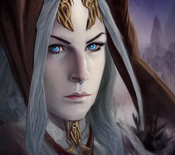 Image similar to Portrait of a powerful Elven Mage from a computer role-playing game in the style of Icewind Dale; masterpiece; trending on artstation; f/1.4; 90mm