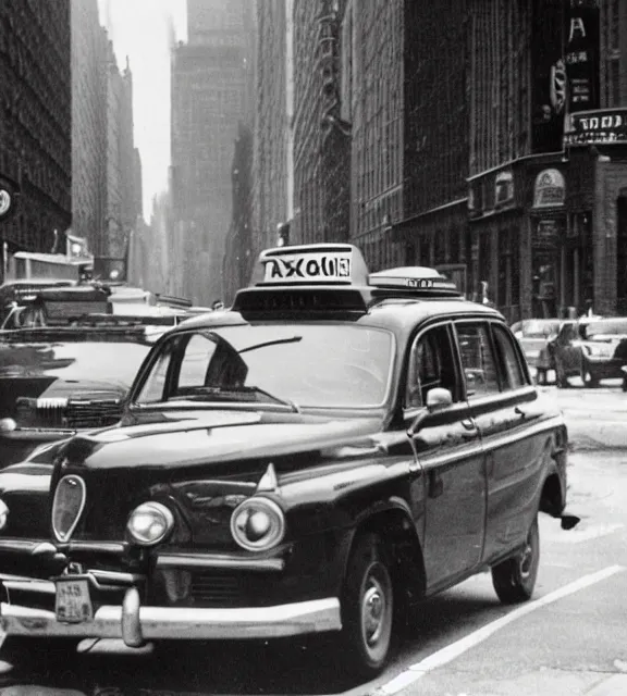 Image similar to a vintage photo of a taxi cab driving on a new york city road.