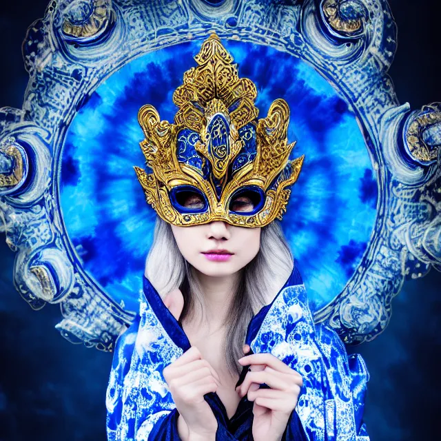 Image similar to beautiful!! elemental sky witch with intricate ornate blue and white robes and venetian mask and sky powers highly detailed 8 k hdr smooth sharp focus high resolution award - winning photo
