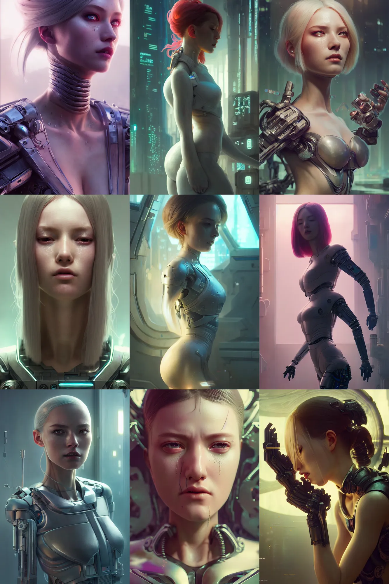 Prompt: crying beautiful female android!, intricate detailed environment, photorealistic!, octane render, mechanical, concept art, cinematic lighting, digital art, cgsociety, hyper realism, cyberpunk 8 k, flowerpunk. by artgerm and wlop and maciej kuciara and godmachine and moebius and rossdraws and greg rutkowski and alphonse mucha and stanley lau