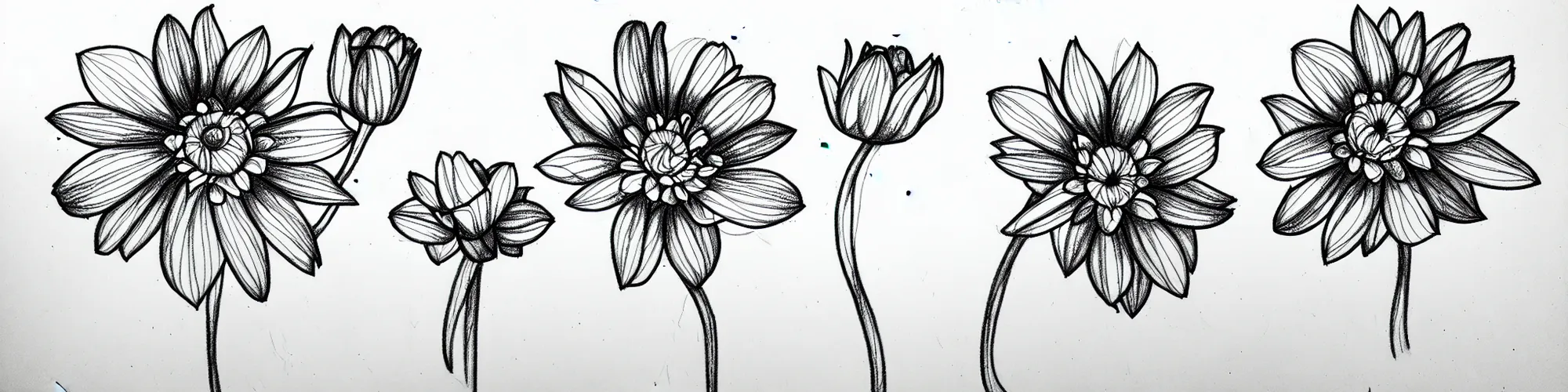 Image similar to excellent flower in various stages of life, line drawing, pencil