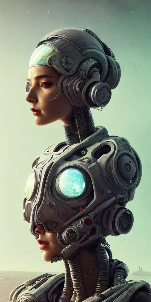 Image similar to ultra realistic style illustration, beautiful alluring nasa cyborg in an apocalyptic wasteland, gorgeous face, cyberpunk, sci - fi, fantasy, intricate, elegant, highly detailed, digital painting, artstation, concept art, smooth, sharp focus, illustration, art by mansik yang and rashed alakroka and simon stalenhag and wlop